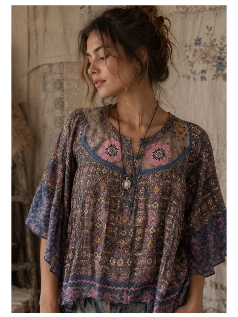 Anthropologie Postmark Embroidered Henley Top M